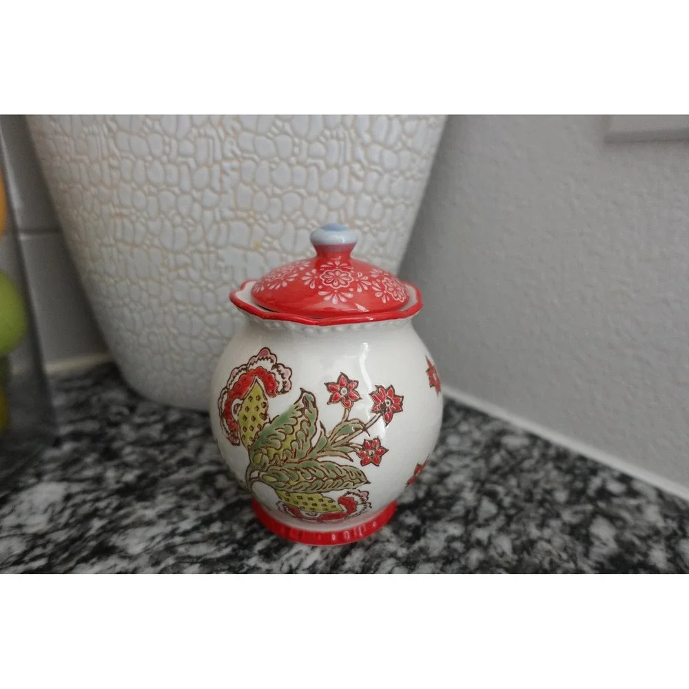 Dutch Wax Coastline‎ Imports Red Floral Handpainted Ceramic Sugar Bowl with Lid